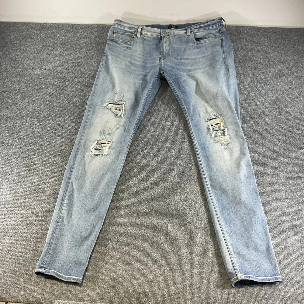 7 For All Mankind Jeans Mens 40x36 Stacked Skinny Distressed Light Wash Denim